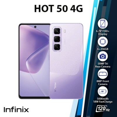 Infinix Hot 50 4G Android Cell Phone (Purple/6GB+256GB/Dual SIM/Unlocked)