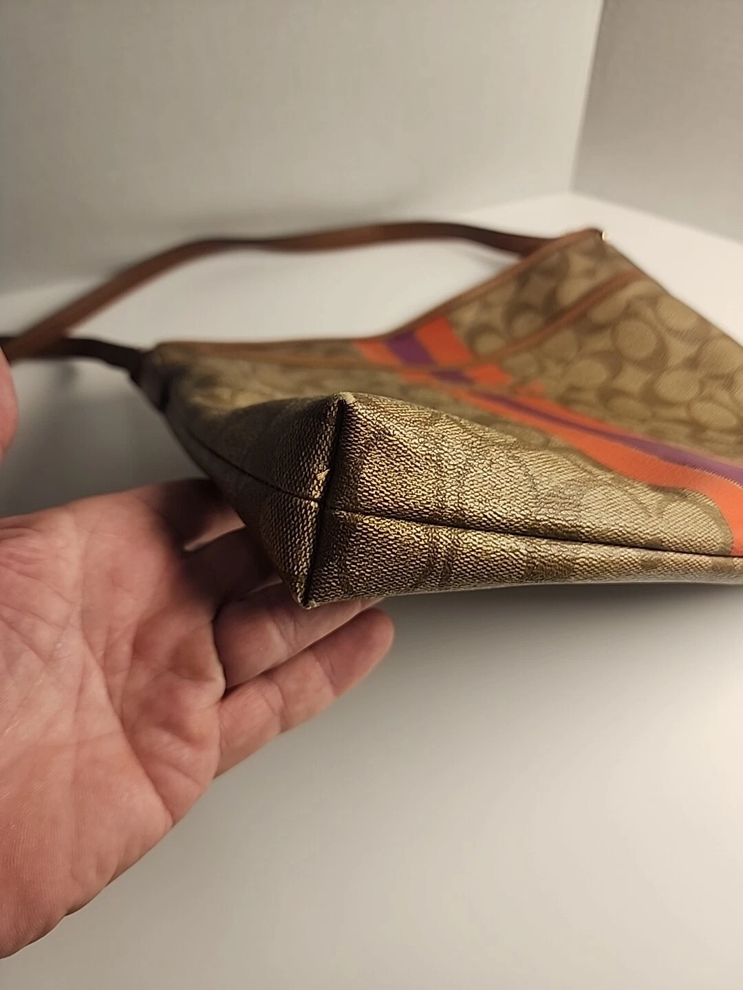 Autentica borsa a righe COACH Varsity in tela rivestita firmata tracolla