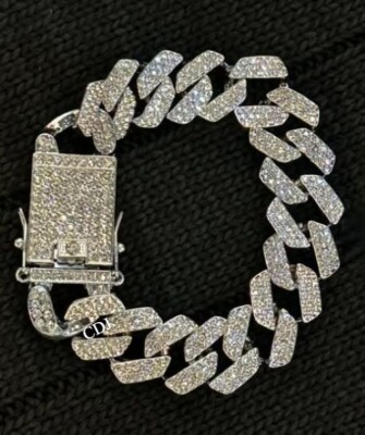 8'' Men's Iced  Tester Passing Moissanite Two Row Cuban Link Bracelet 925 Silver