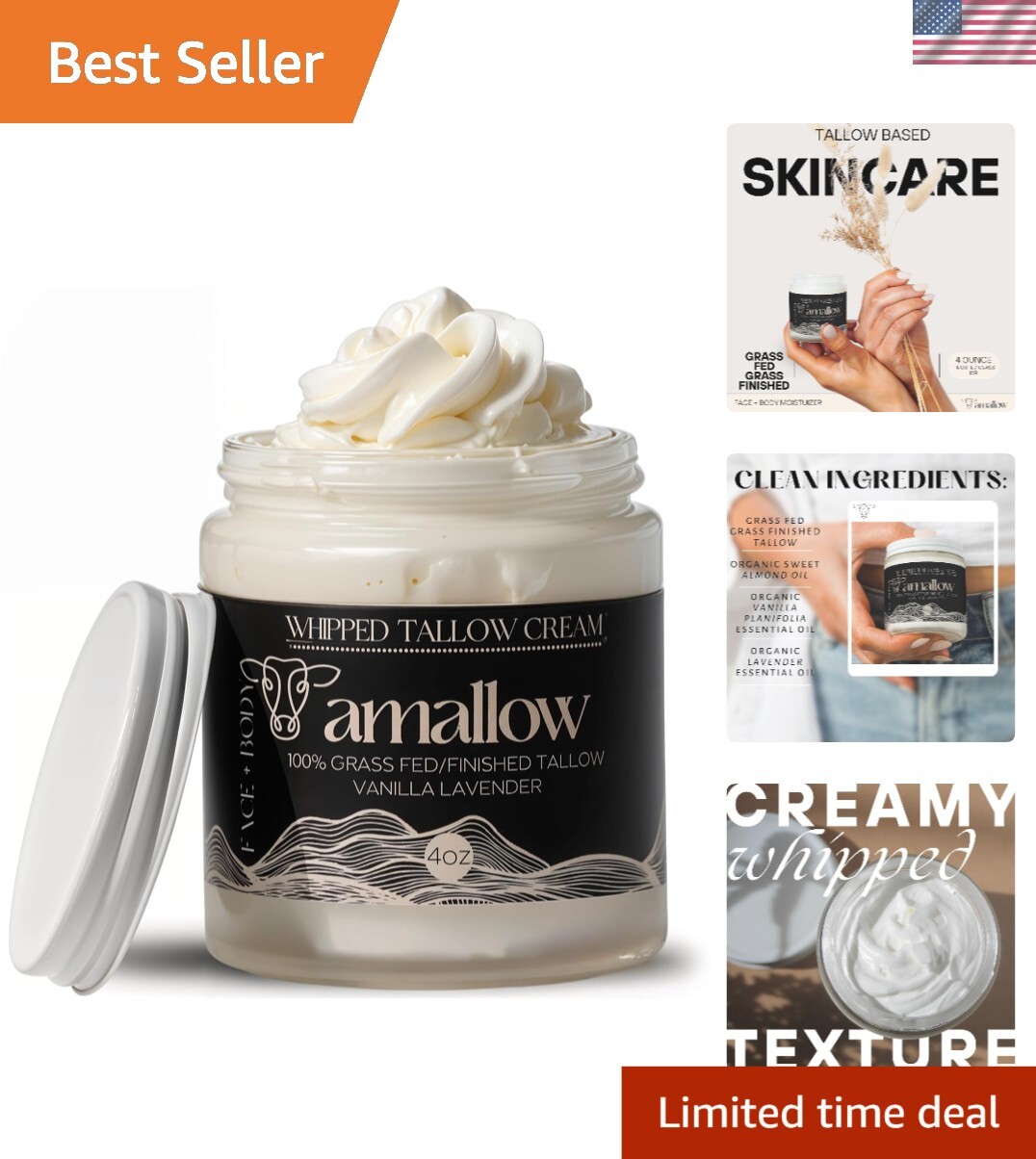 100% Grass-Fed Beef Tallow Whipped Moisturizer - Vanilla Lavender Scent, 4 FL.OZ