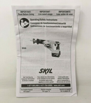 Skil 9350 Cordless Reciprocating Saw Operating Safety Instructions