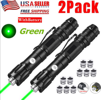 2Pack 2000Miles Green Laser Pointer Pen 532nm USB Rechargeable Lazer Beam+5 Caps