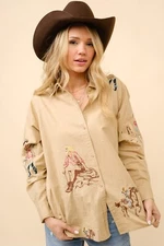Embroidered Western Cowgirl Linen Shirt Blouse - Blue B