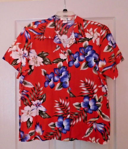 Hawaiian Shirt Womens Large Red Floral Cotton Real Hawaii Ky's Fashion USA