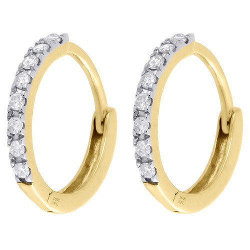 10K Yellow Gold Genuine Diamond Hoops / Huggie Earrings 0.45" Prong Set 0.11 CT. - Picture 2 of 4