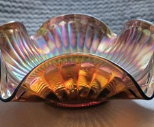 VTG Fenton Marigold Amethyst Carnival Iridized Glass Ruffle Ribbed Bowl 9.25"