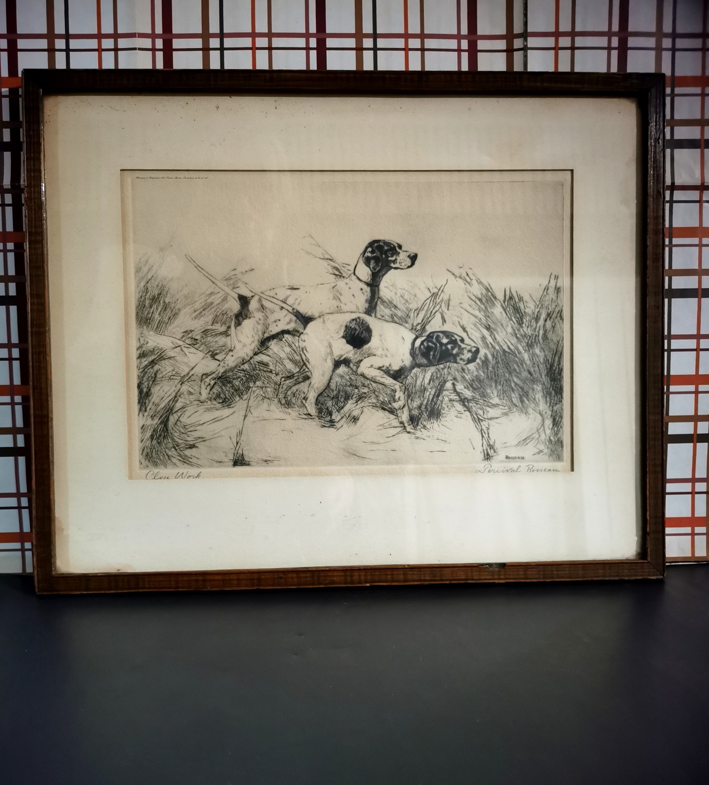 1930's Signed Framed Print Of English Pointer Dogs CLOSE WORK Percival Rosseau