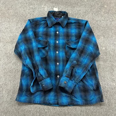 VINTAGE Shadow Plaid Shirt Mens Small? Blue Loop Collar Wool National 60s READ
