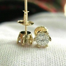   Round Cut Real Moissanite Women's Screw  Stud Earring's 14K Yellow Gold Plated