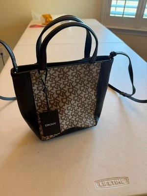 DKNY Mini Tote Crossbody Bag Brown Monogram Logo Black Trim Adjustable Strap NWT