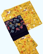Vintage Silk Kimono Womens, Yellow, Bird and Plant Pattern, Length162.5