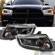 Black 2011-2014 Dodge Charger Drl Led Tube Projector Headlights Headlamps 11-14