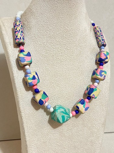 Artisan Colorful Polymer Clay Geometric Marble Bead Statement Choker Necklace