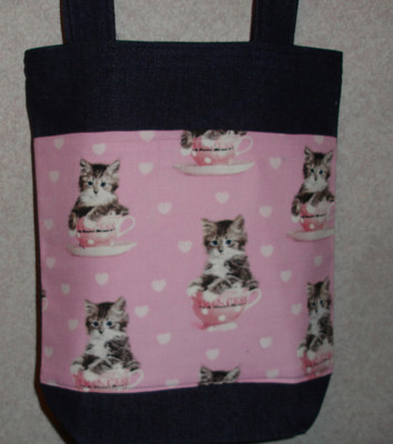 NEW Handmade Cat Kitten Teacup Princess Small Denim Tote Bag 