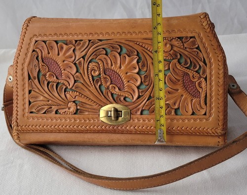 Purse Hand Tooled Leather Floral Cutout Turquoise BoHo Western RockaBilly - Picture 8 of 23