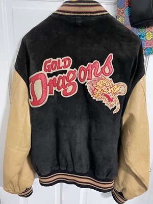AVIREX GOLD DRAGONS LEATHER/SUEDE VARSITY JACKET BLACK/BEIGE SZ XL