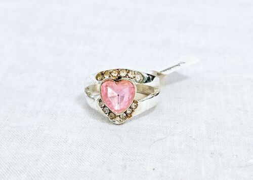 Silver Tone Cocktail Ring w/Pink Heart Shaped Stone Some Discoloration J4-1571