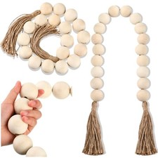 2 Pcs Large Wood Bead Garland with 1.57" Diameter Wood Beads and Tassel, Deco...