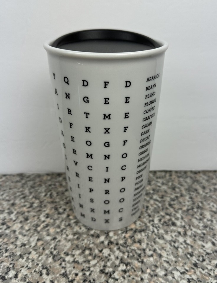 Starbucks 2016 Ceramic Travel Tumbler Coffee Mug 12 oz Word Search