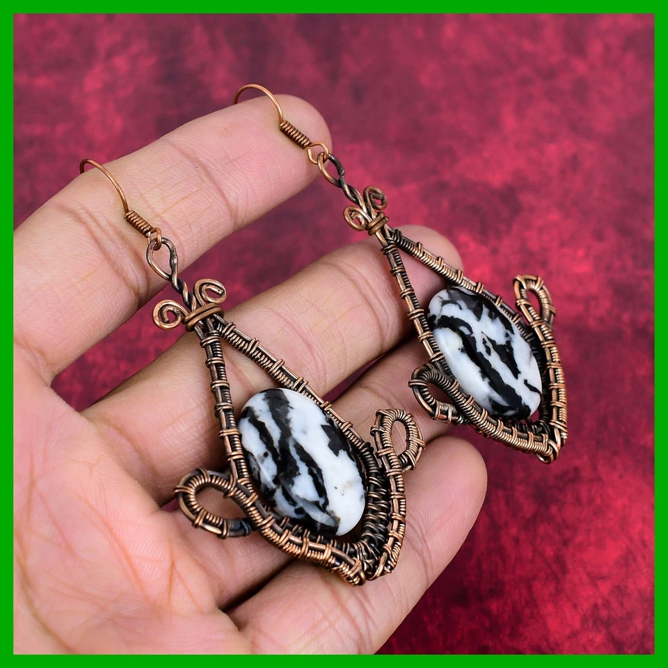 Pendientes de gancho colgantes envueltos en alambre de piedras preciosas turquesa búfalo blanco cobre Foto 4 de 4