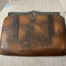 Vintage Art Nouveau Brown hand Tooled Leather Handbag Purse Bosco Built 1916
