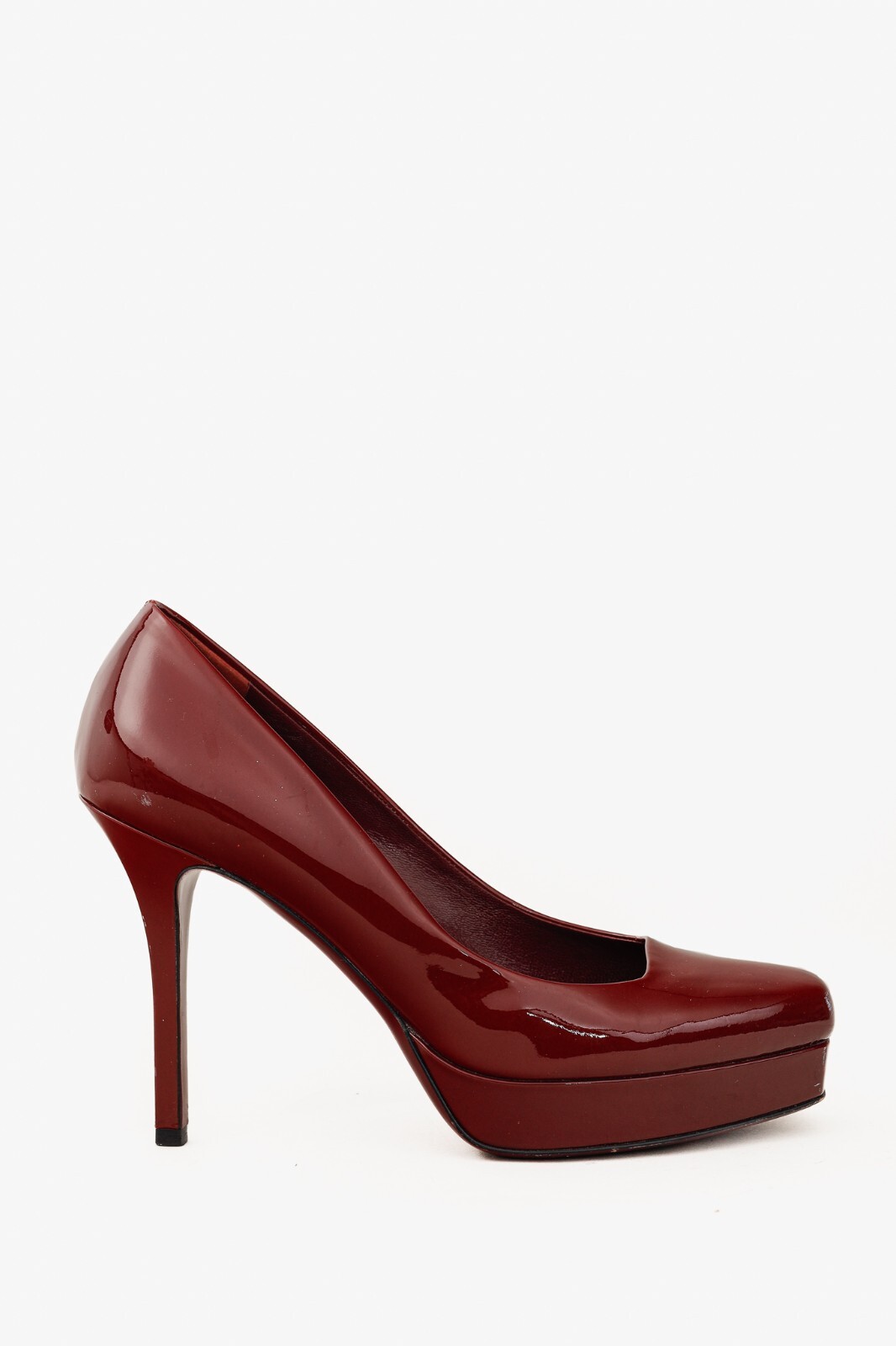 Gucci Burgundy Vernice Crystal Square-Toe Platform Pumps, Size 8