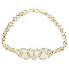 14K Tri Color Gold Fancy Link Mother Mary 13mm ID Heart CZ Bracelet 7.25"
