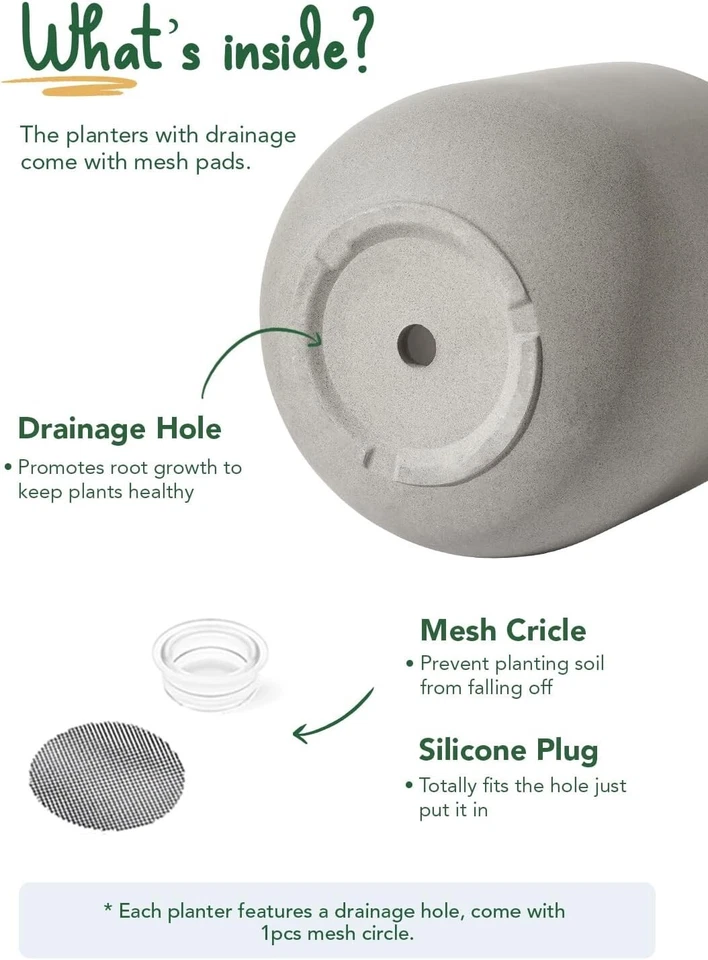 12-дюймовые керамические большие серые горшки для внутреннего дренажного отверстия и резиновая заглушка без лаза - Изображение 4 из 4