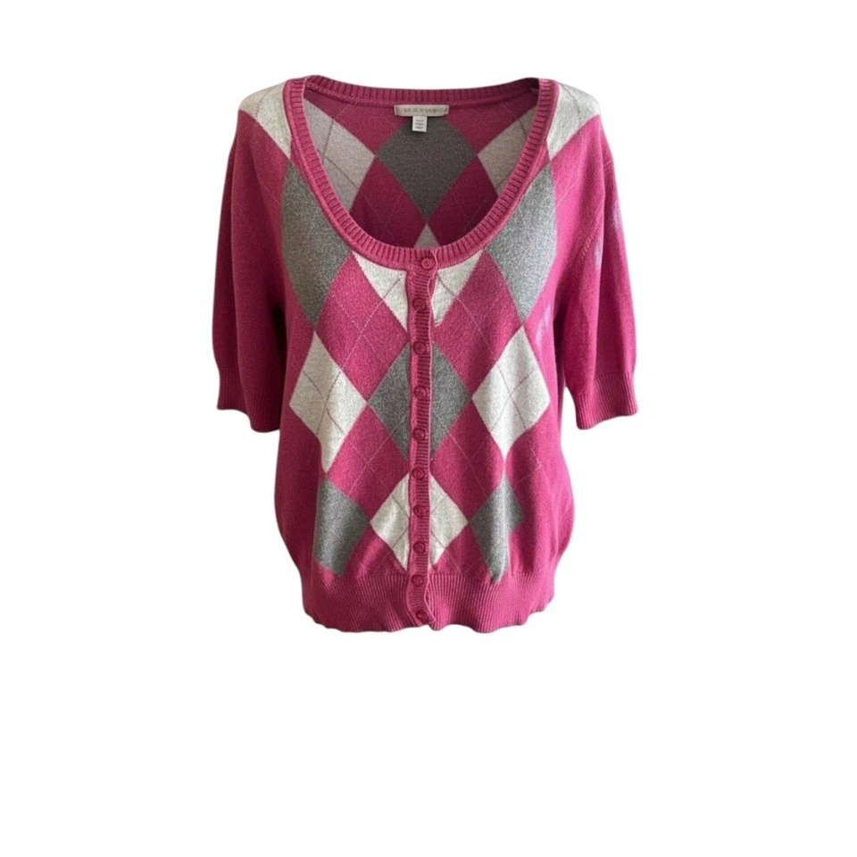 Cardigã suéter feminino Sonoma rosa argyle manga curta com botões 2X - Imagem 3 de 4