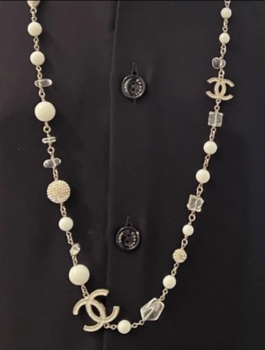 Collana Chanel Argento Smerigliato Logo CC Iceberg Cubi Perle Neve Perle B10 A 34”