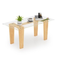 Natural Wood and Glass Coffee Table 100cm Rectangular Minimalist Design