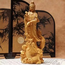 Wooden Dragon Goddess of Mercy Statue Guanyin Buddha Figure Luck Protection Deco