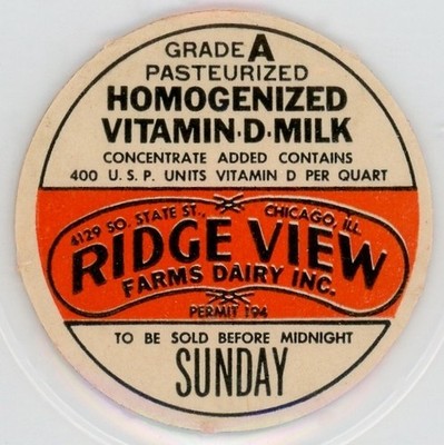 Milk Cap Insert - Ridge View Farms Dairy Inc. - Chicago, IL (Illinois) -SUNDAY