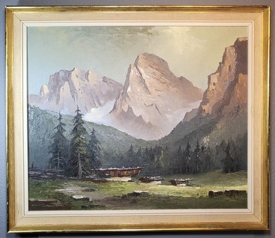 Ölgemälde Berglandschaft Alpen Chalet Szene auf Leinwand signiert 70 x 60 cm