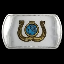 Steel Belt Buckle   Gold Color Horseshoe with Turquoise Stone Western USA Made
