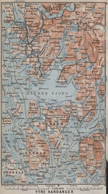 OUTER HARDANGER FJORD Topokarte. Bergen Stordo. Norwegen Kart. BAEDEKER 1912