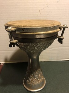 Vintage Middle Eastern Nickel Plated Brass Darbuka with decorative designs