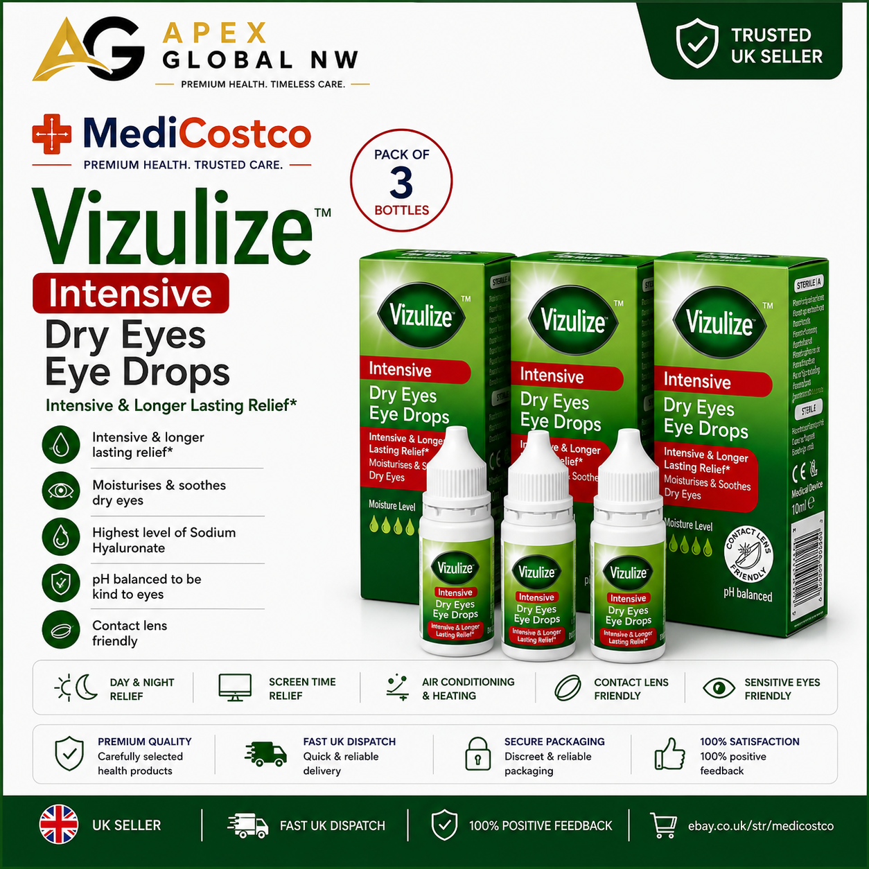 Vizulize Intensive Dry Eye Drops 10ml x6 Lubricant Relief - Image 8