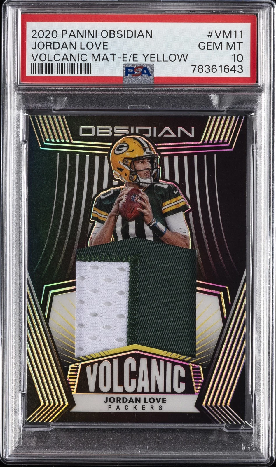 Jordan Love Panini Obsidian Volcanic Material #VM11 Electric Etch-Yellow