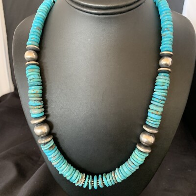 Blue Turquoise Graduated Navajo Pearls Sterling Silver Necklace 22'' 13398