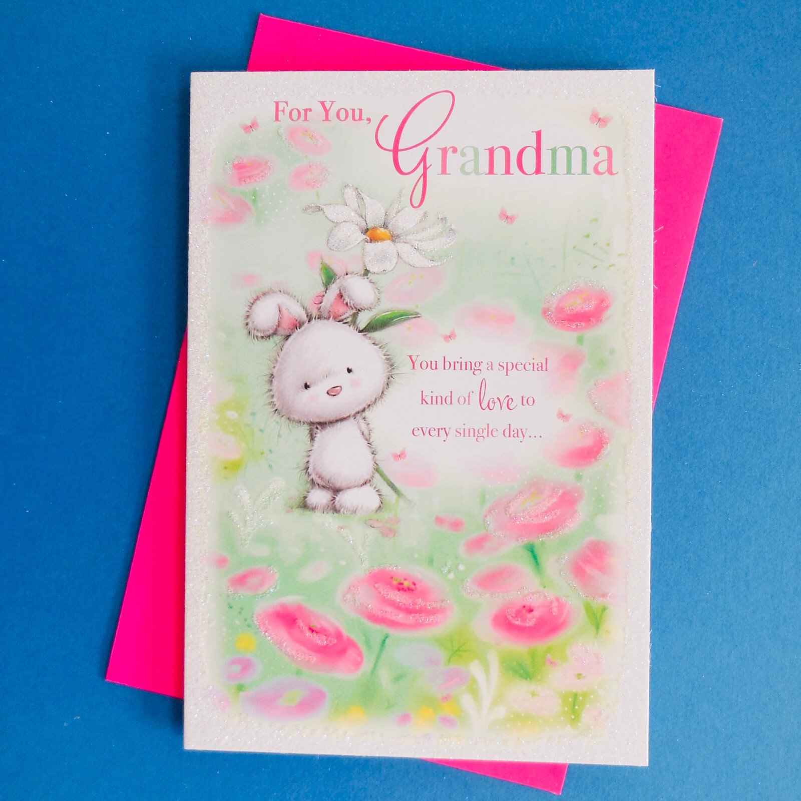 Grandma Birthday Card Cute Rabbit Lovely Flowers Daisies 19x13cm
