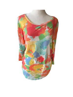 Women s Medium Rayon Stretch White Multicolored Print Top  Cinched Sides | Ruby