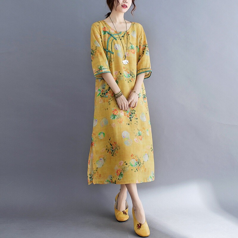 Lady Linen Cotton Dress 3/4 Sleeve Ethnic Chinese Ethnic Cheongsam Qipao  Dress