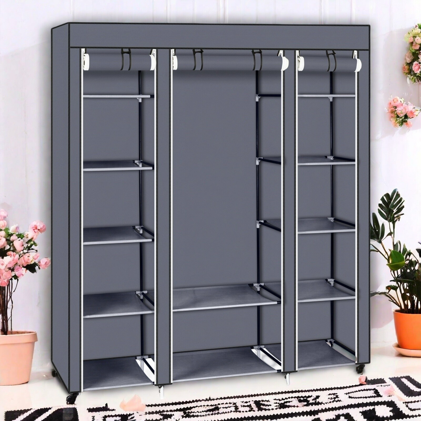 5-Tier Portable Wardrobe Closet - Gray, Non-woven Fabric,12-Cube & Roll-Up Door