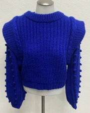 Farm Rio Bright Blue Textured Braided Sweater Pom Poms Small