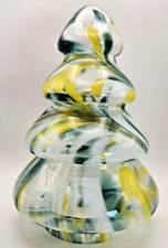 Zorza Poland Hand Blown Glass Christmas Tree Green, White, & Yellow Swirl