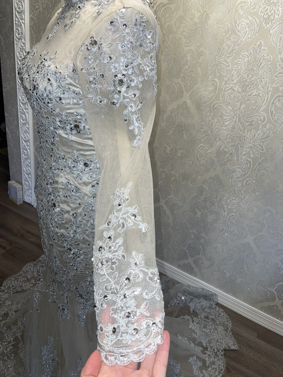 Wedding Dress Mermaid long sleeve silver Lace fully lined custom made size 4 | eBay Wedding Dress Mermaid long sleeve silver Lace fully lined custom made size 4 | eBay