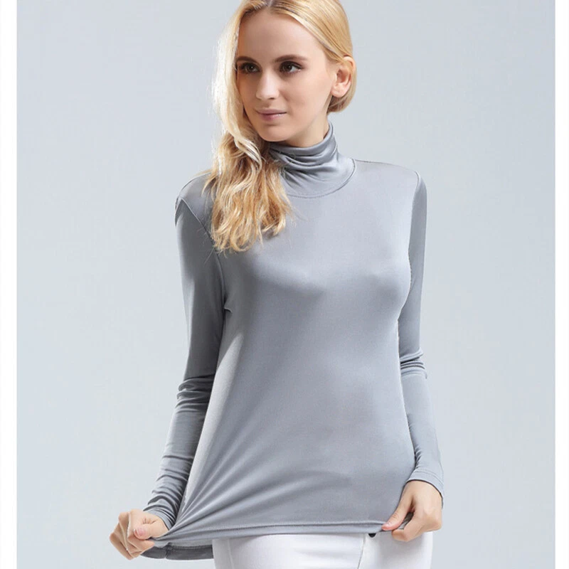 Camiseta Top Capa Mujer Cuello Alto Seda Morera Ligera Elastizada Manga Larga Foto 4 de 4