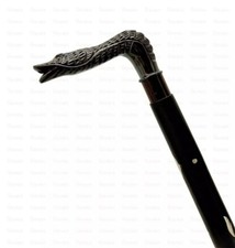 Antique Solid Brass Crocodile Head Handle Black Inlaid Wooden Walking Stick Cane