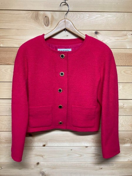 CHANEL Vintage Women's Tweed Jacket Pink Long Sleeve Collarless Button Size M